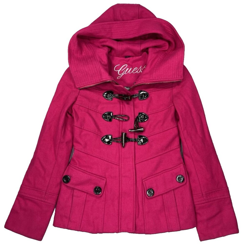 Y2K GUESS Hot Pink Wool Blend Hooded Pea Coat Jacket Womens XS Warm